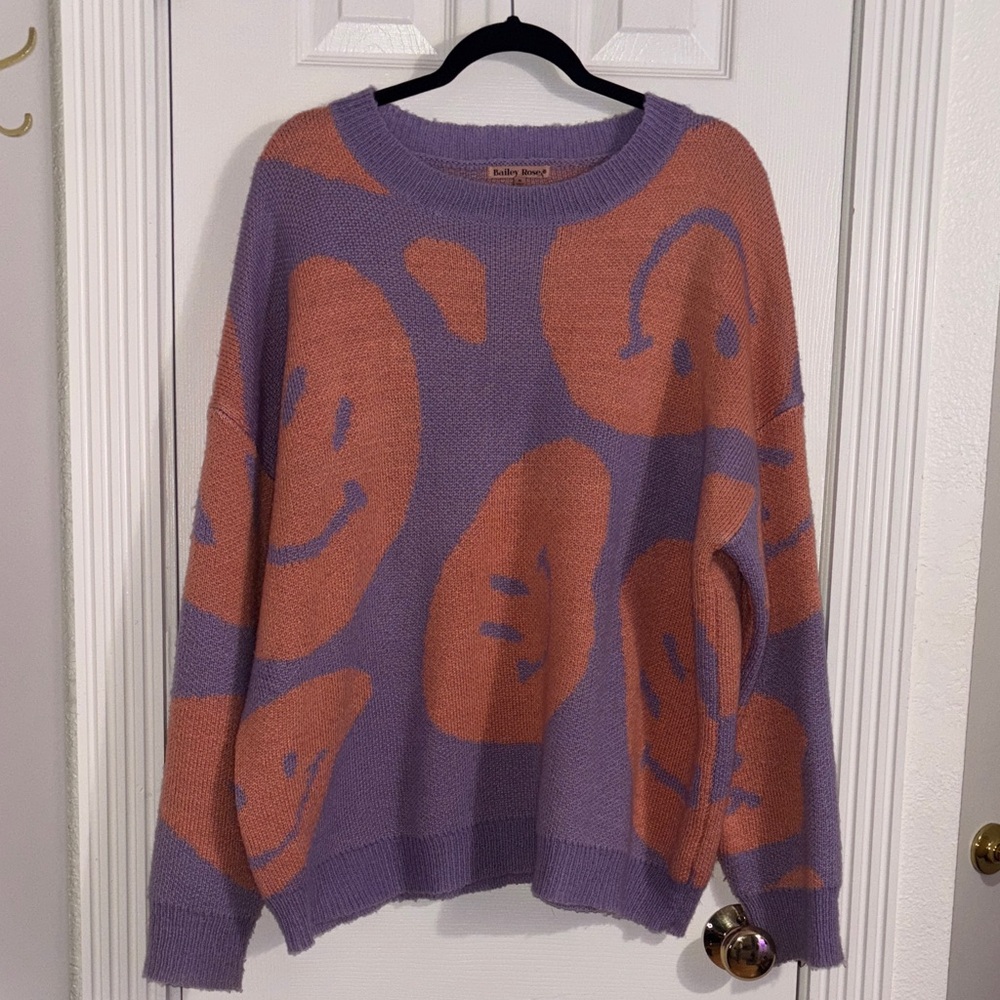 Bailey Rose Smiley Face Purple and Pink Smiley Oversized Sweater